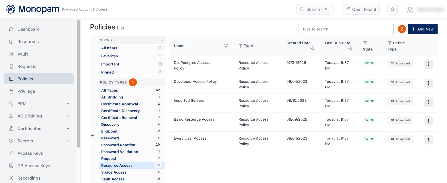 Policies list filtered to Resource Access policies