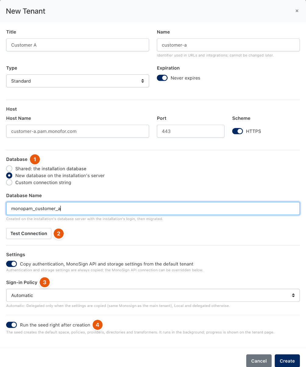 New Tenant dialog with a new dedicated database, Test Connection, Sign-in Policy and the seed option