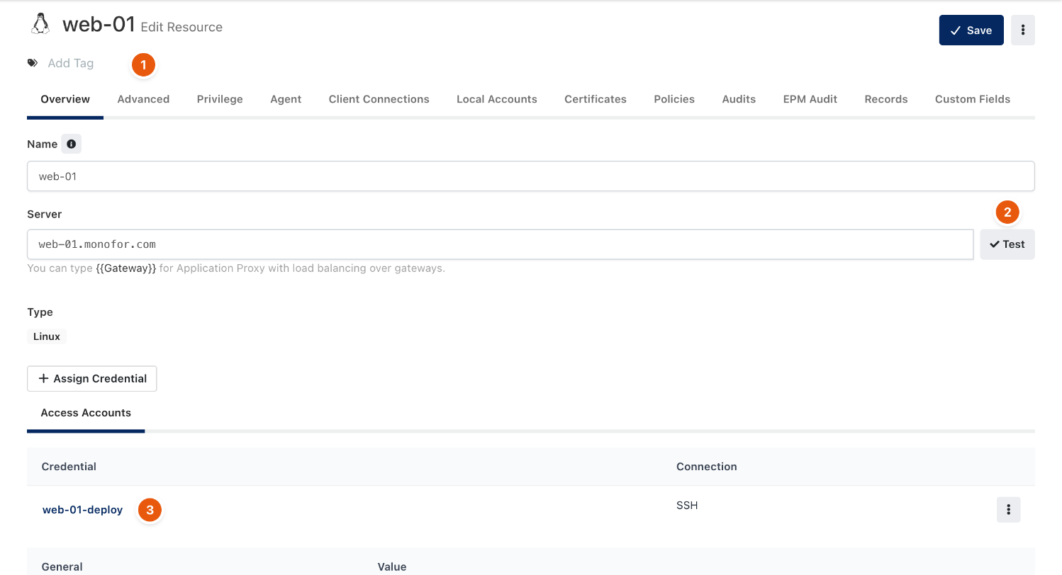 Saved resource with its tabs, the Test button and the assigned account
