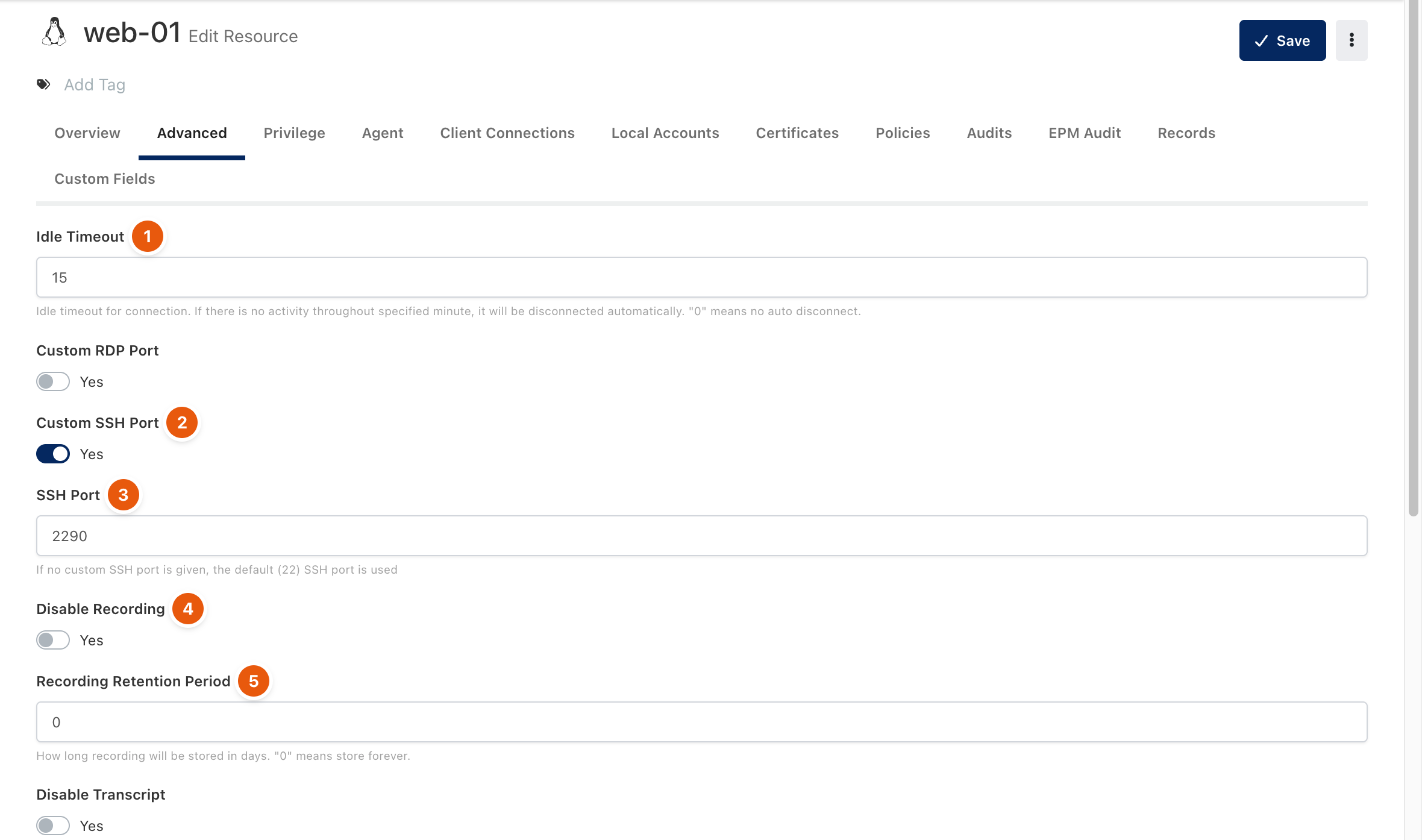 Advanced tab with idle timeout, custom SSH port and recording settings