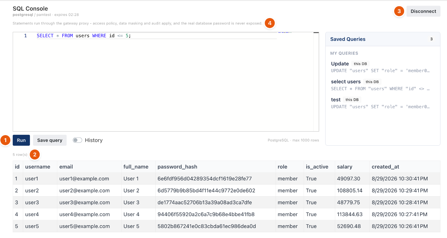 SQL console with a query and its result