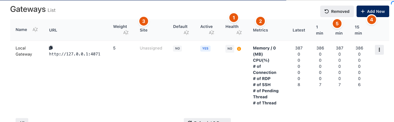 Gateways list with health and metrics