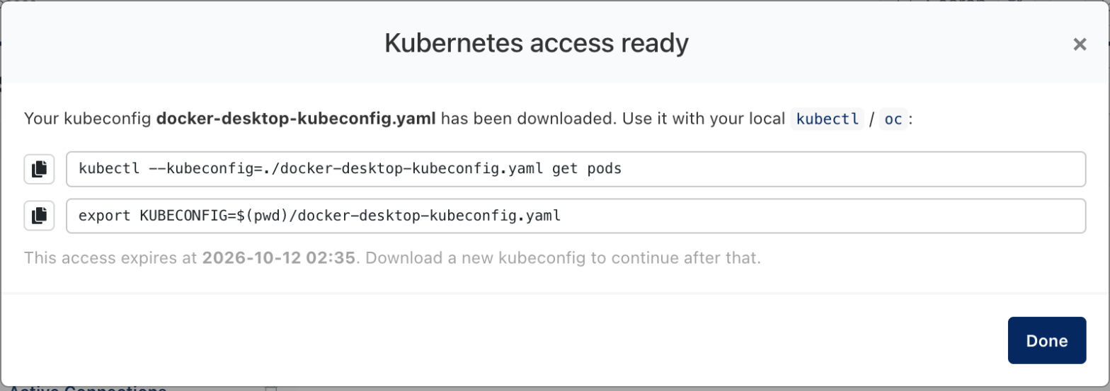 Kubernetes access ready dialog with kubectl commands