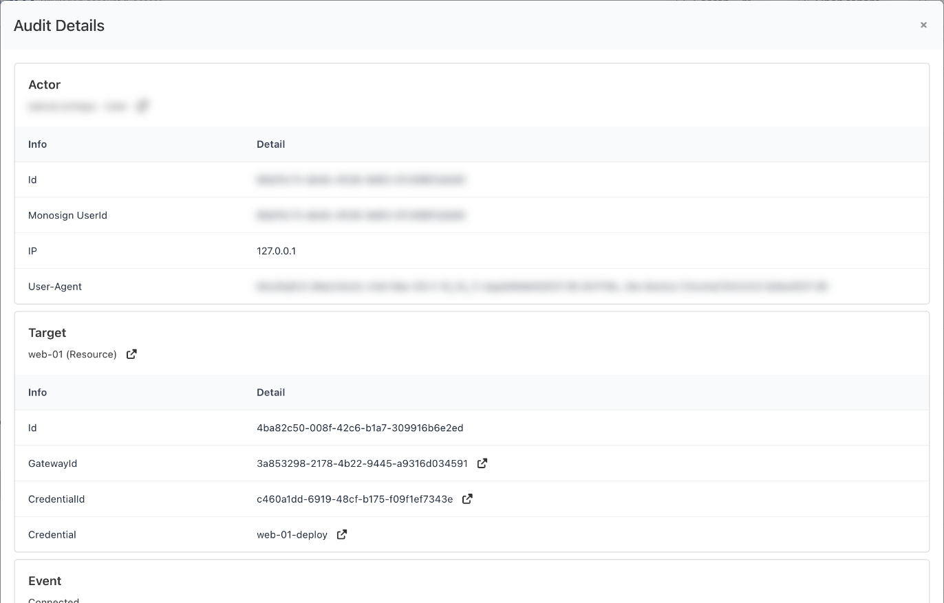 Audit Details with actor, target and event