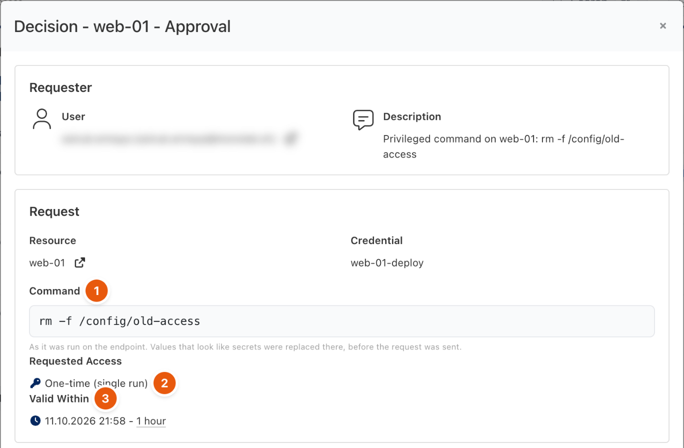 Decision dialog for a privileged command