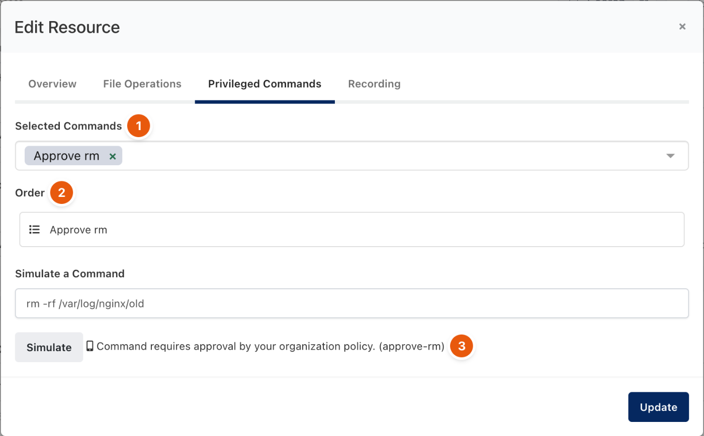 Privileged Commands tab of a policy row with a simulated command