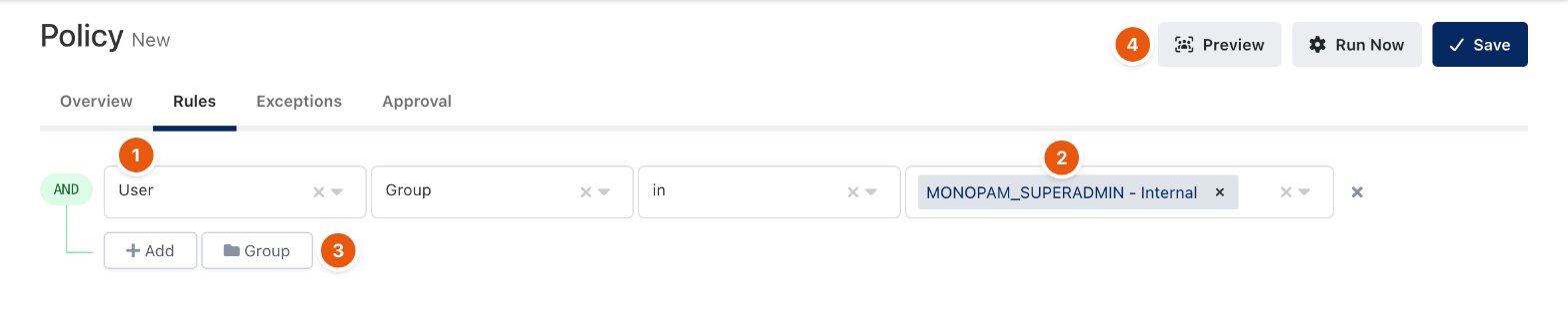 Rules tab with a group condition