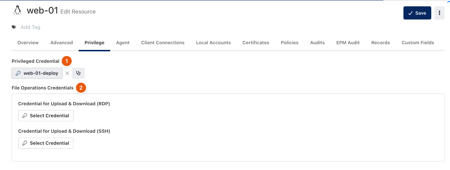 Privilege tab with a privileged credential