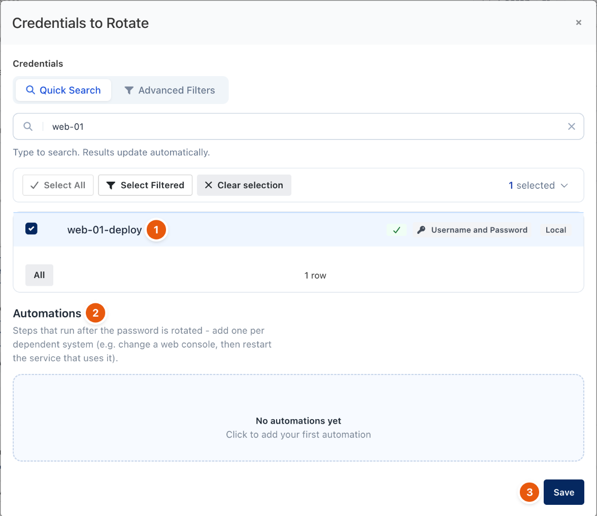 Credentials to Rotate dialog with one item and no automations