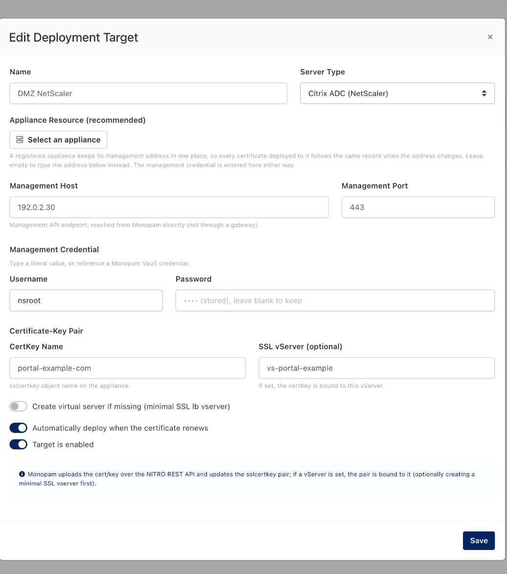 The Edit Deployment Target dialog with Server Type set to Citrix ADC (NetScaler), showing the appliance resource picker, management host and port, the management credential, the certKey name, the optional SSL vServer, and a switch to create the virtual server if missing.