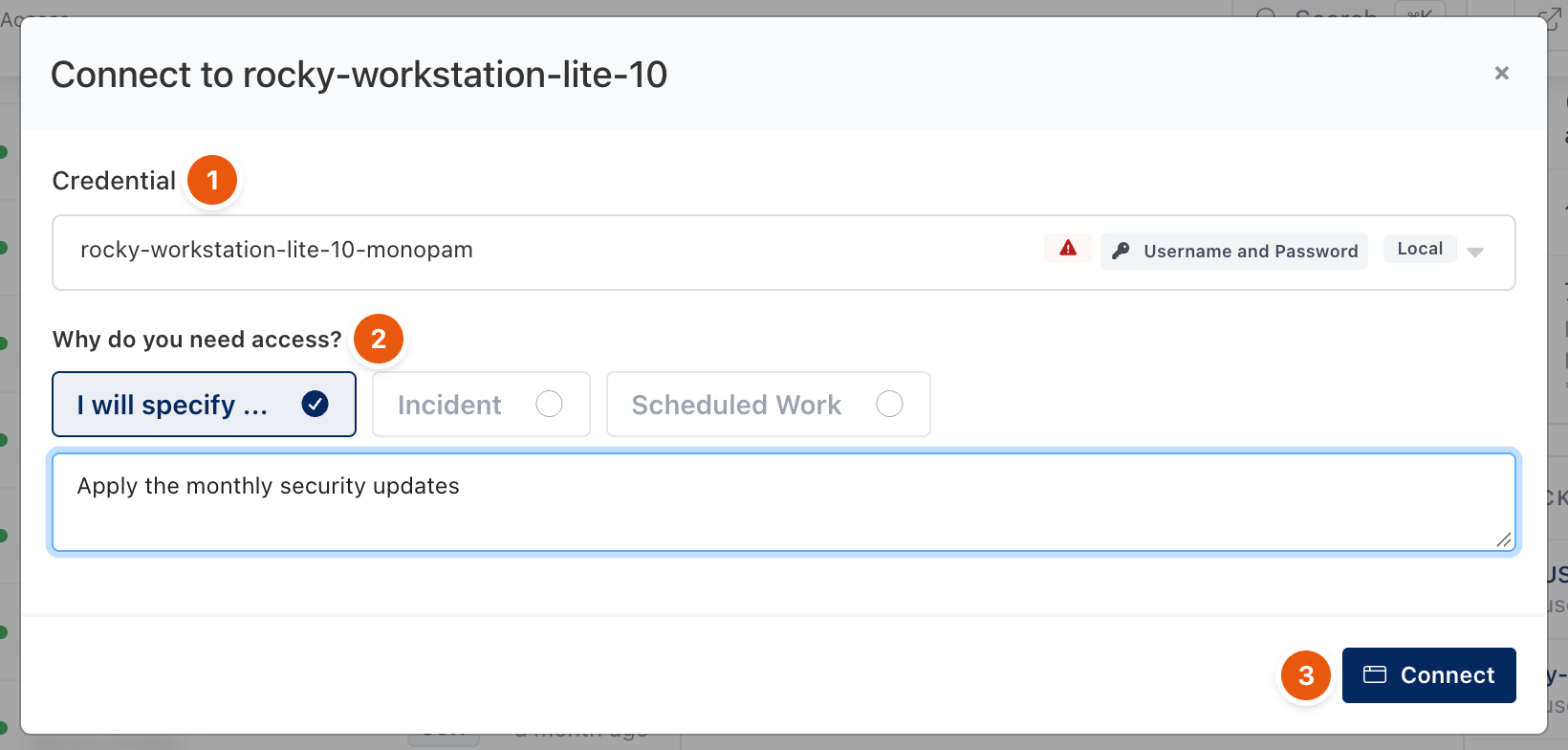 Connect dialog with credential, reason options and the Connect button