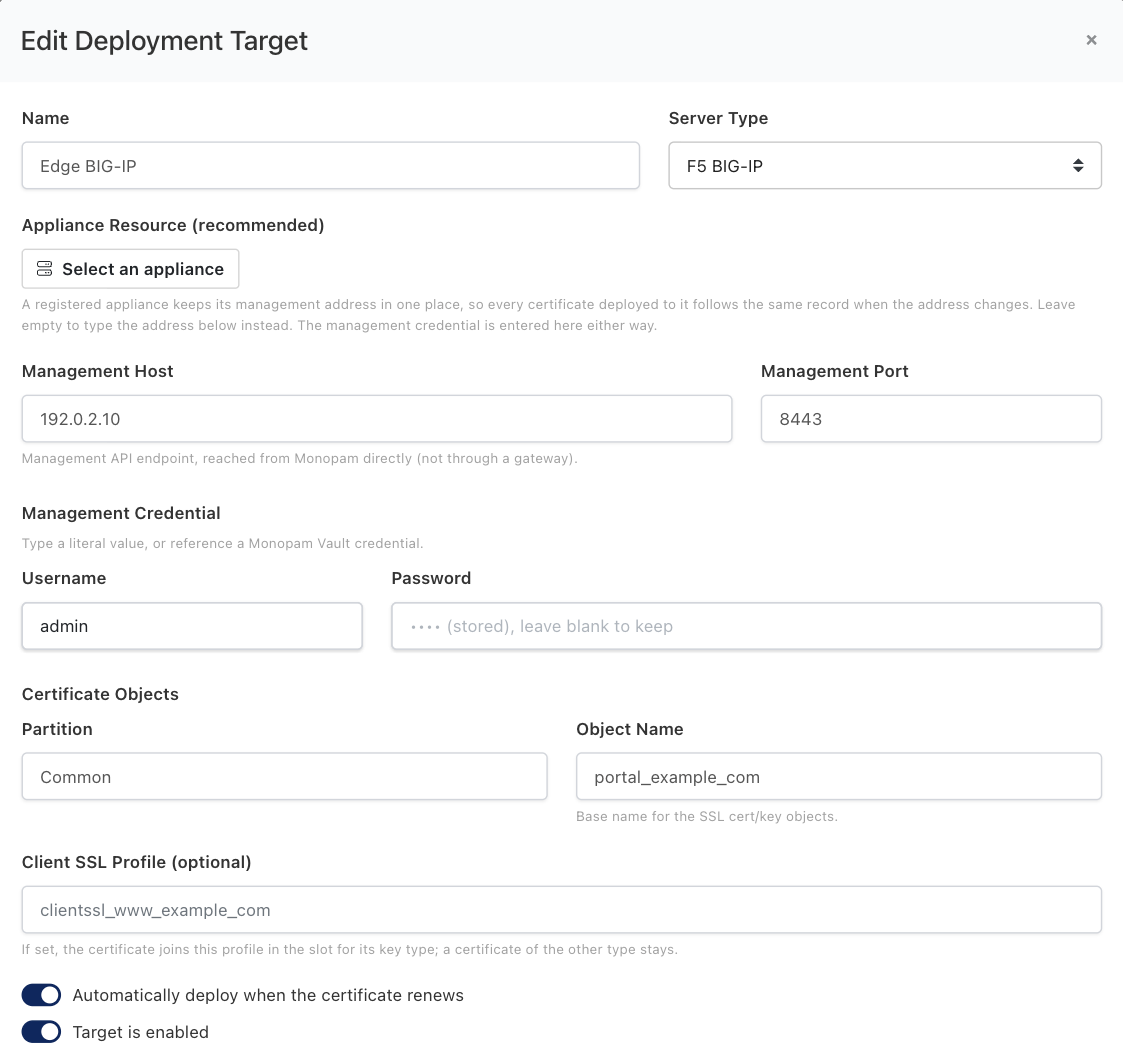 The Add Deployment Target dialog with Server Type set to F5 BIG-IP, showing the management host and port, the management credential, the partition and object name, and the optional client SSL profile.