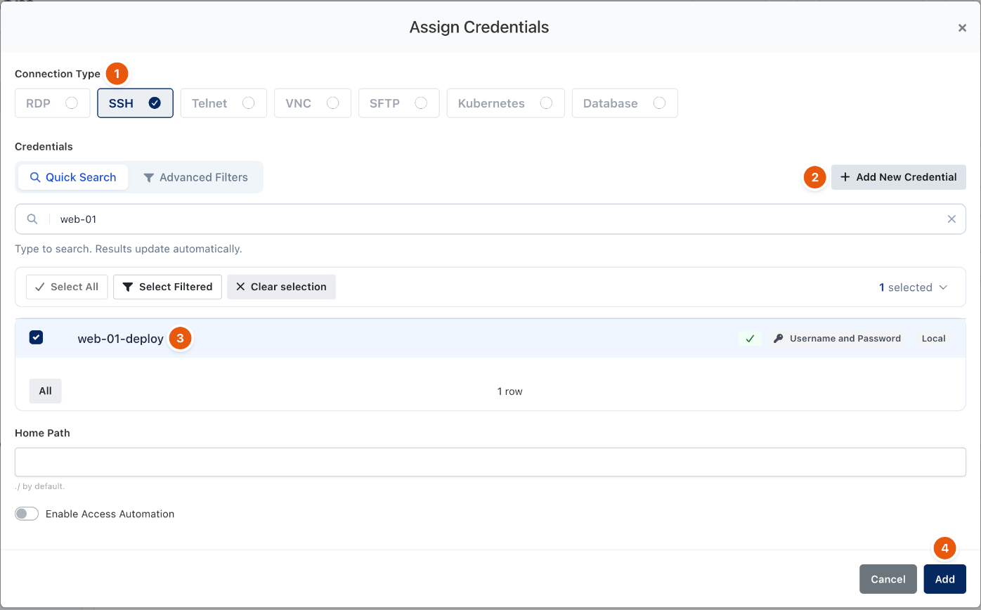Assign Credentials dialog with SSH selected and one vault item chosen