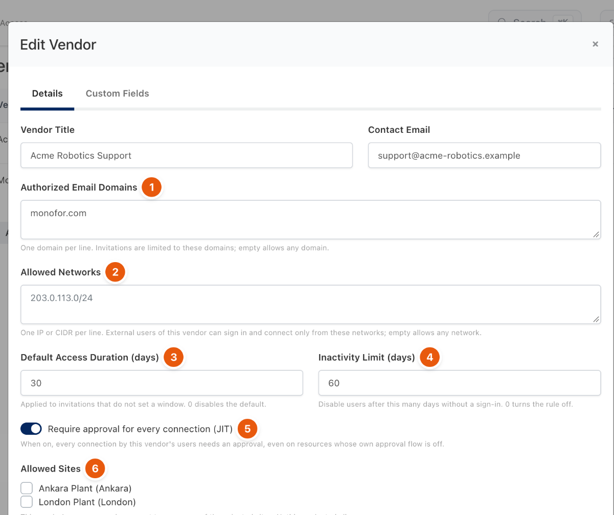 Edit Vendor dialog with domains, networks, durations, JIT and sites