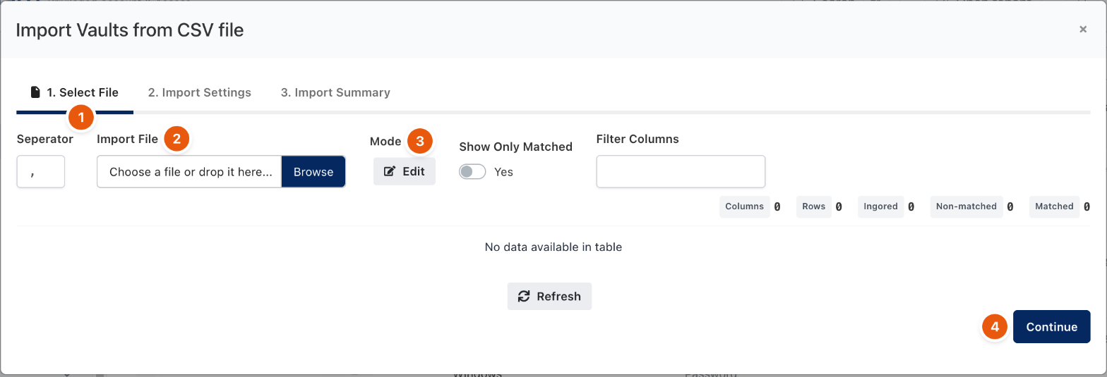Import Vaults from CSV file, first step