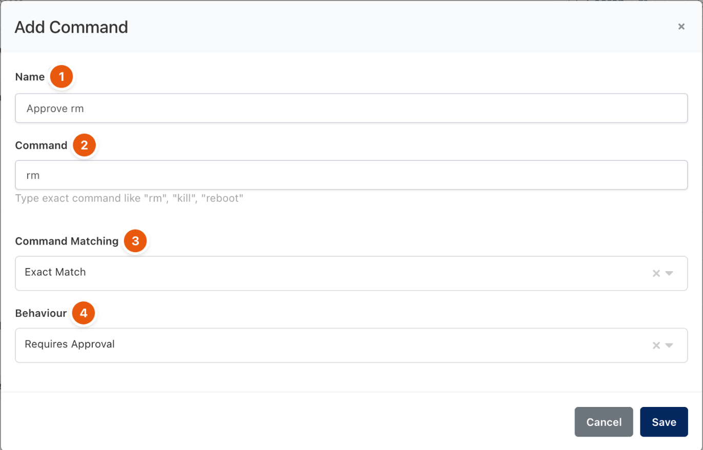 Add Command dialog for rm with Requires Approval