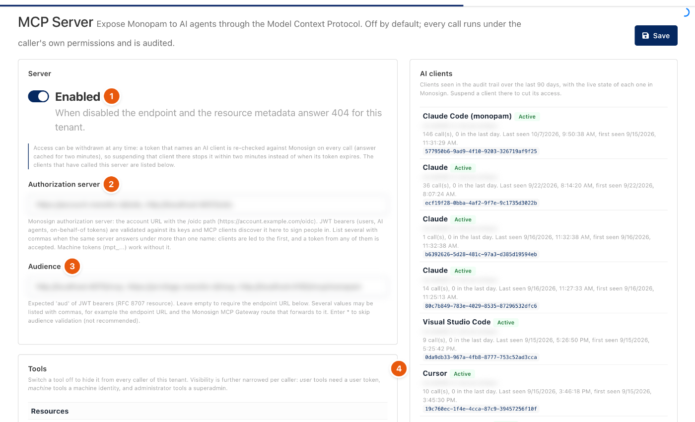 MCP Server settings with server, tools and AI clients