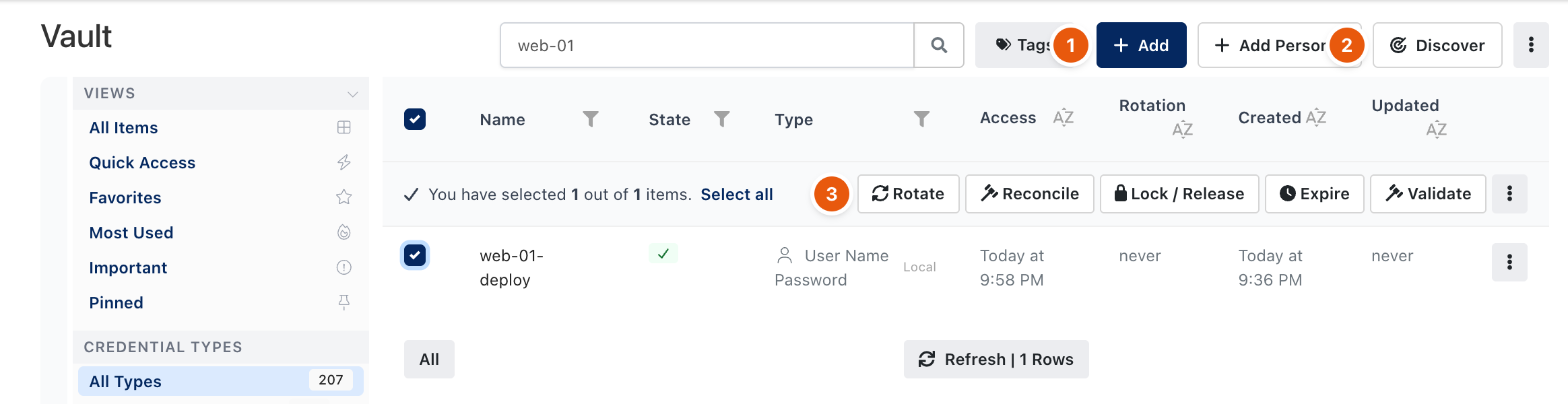 Vault list with one item selected and the bulk action toolbar