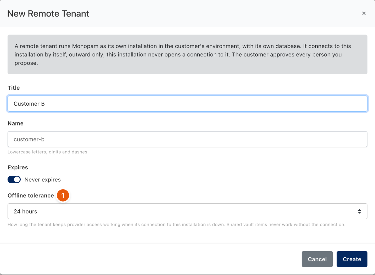 New Remote Tenant dialog with title, name, expiry and offline tolerance