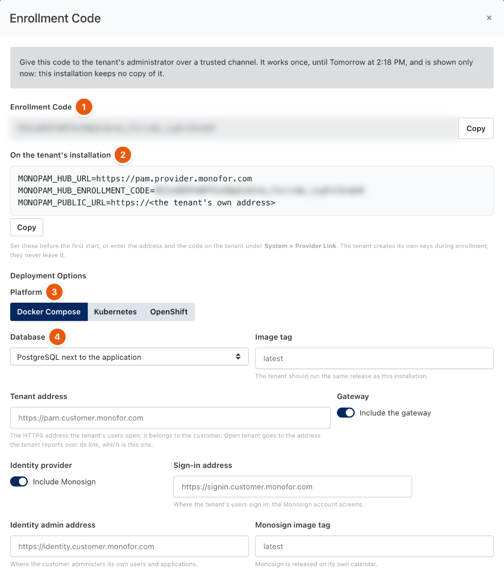 Enrollment code dialog with the environment block and the deployment options