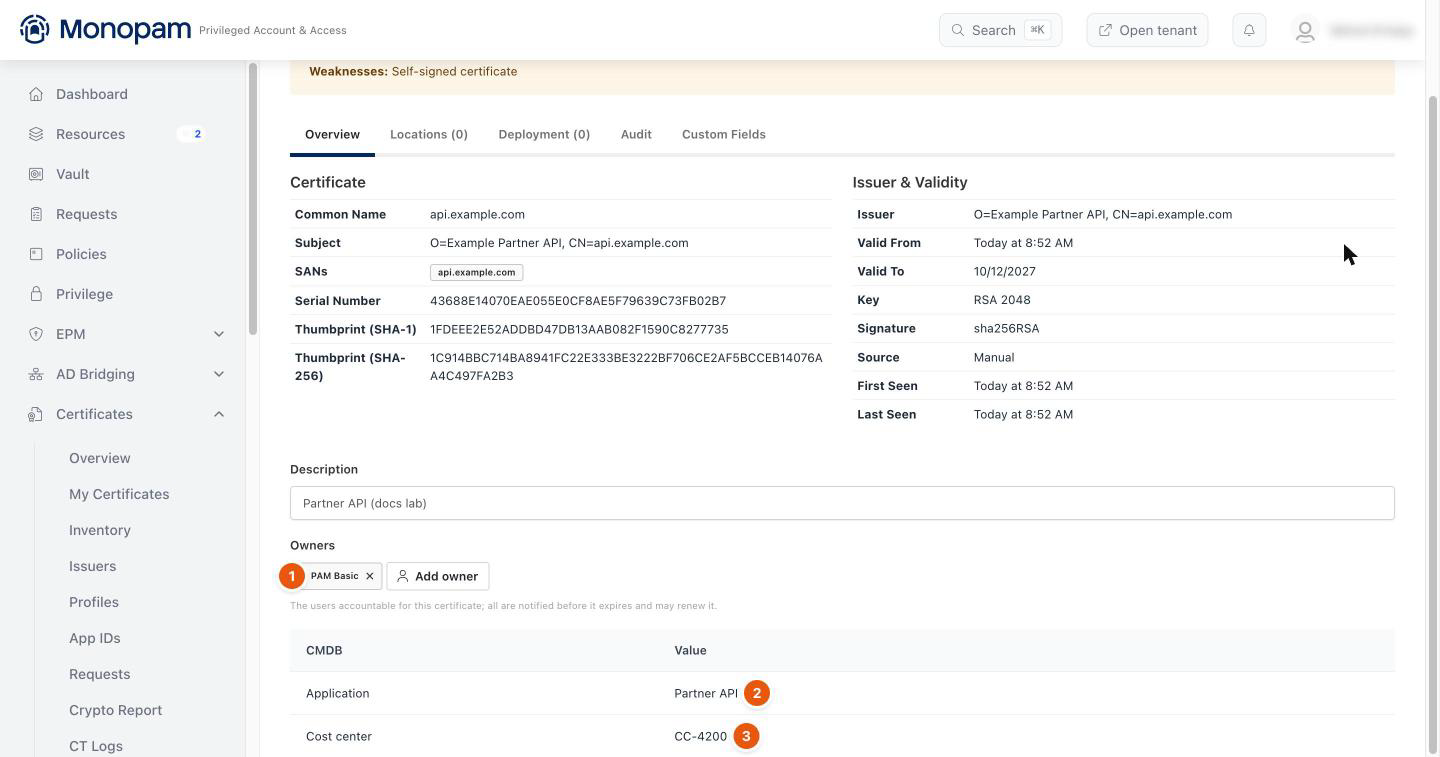 Certificate overview with PAM Basic as owner and the CMDB group showing Application and Cost center