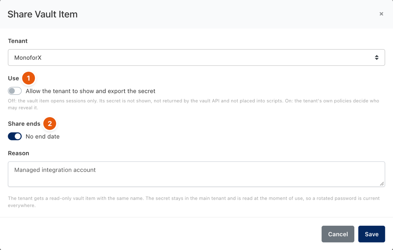 Share Vault Item dialog with tenant, use mode, end date and reason