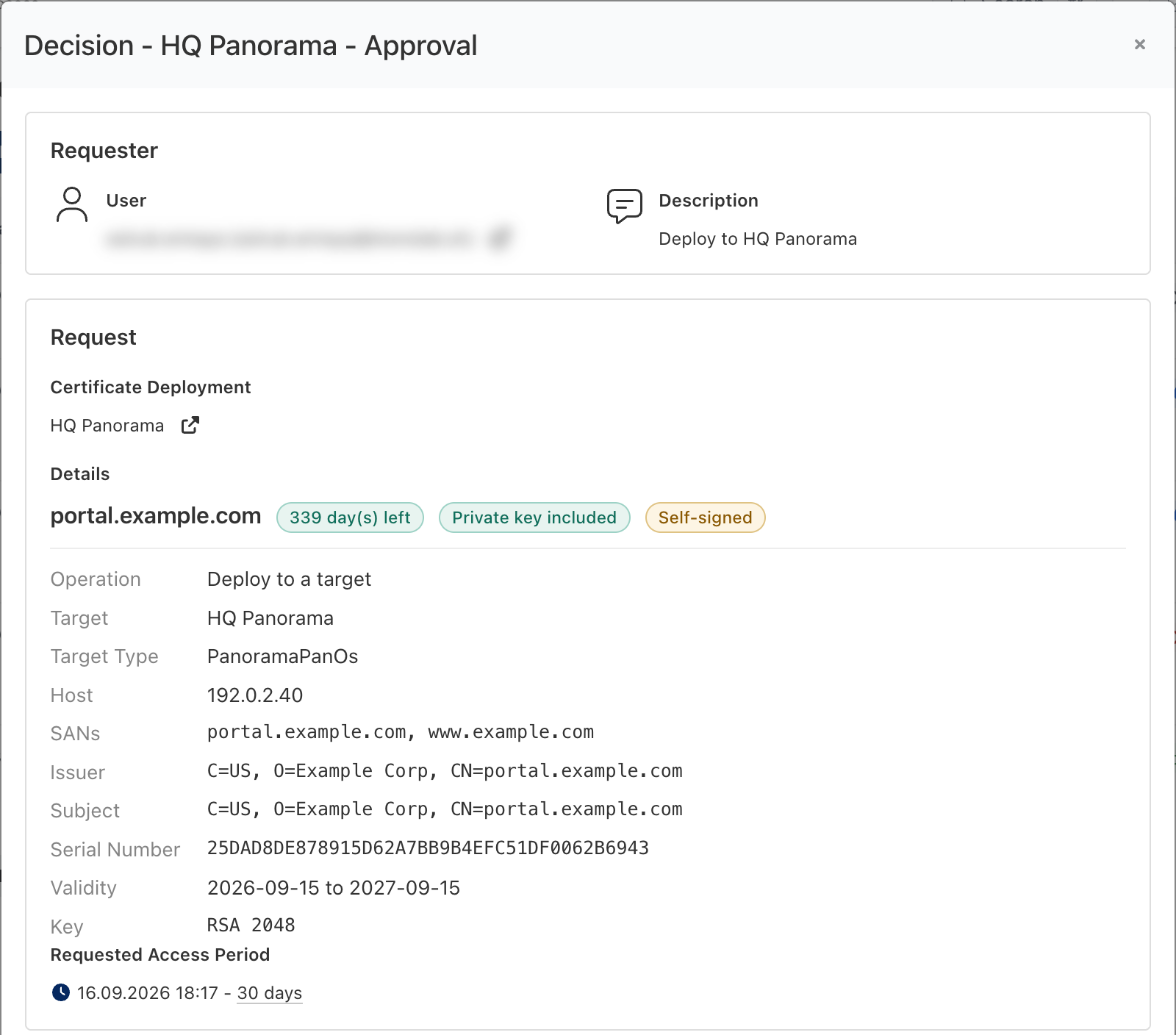 Decision dialog showing the requester and the requested certificate deployment