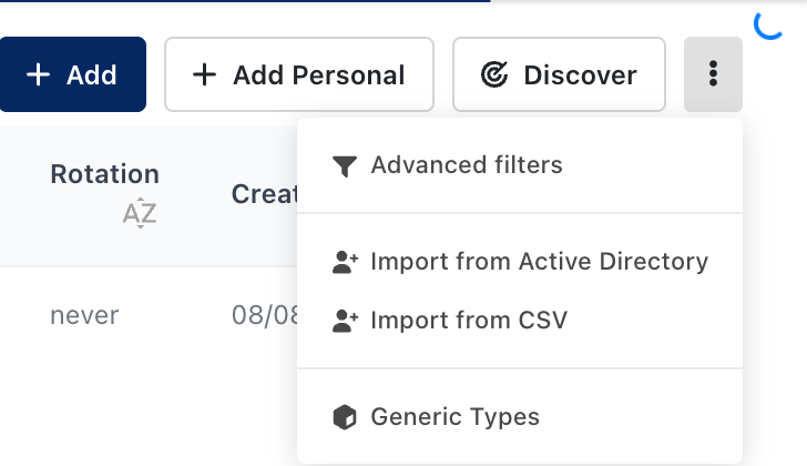 Vault page menu with the import options