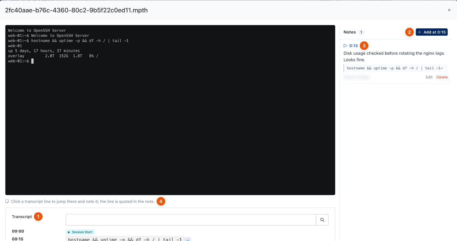 Terminal replay with transcript and one note