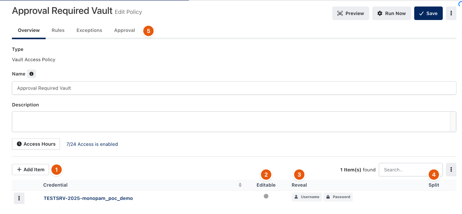 Vault Access Policy with one item and its revealable fields