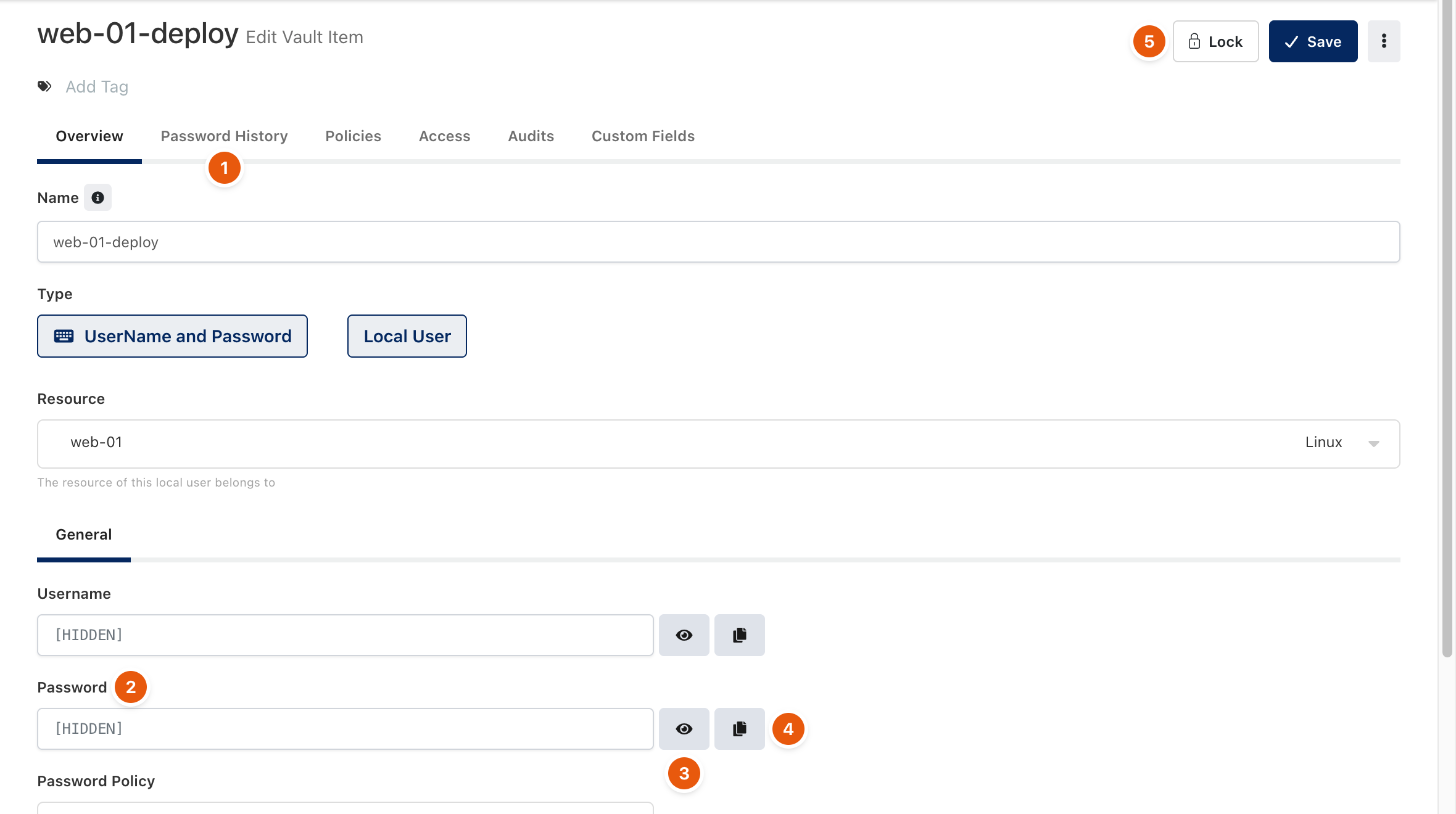Vault item page with hidden fields and reveal and copy buttons