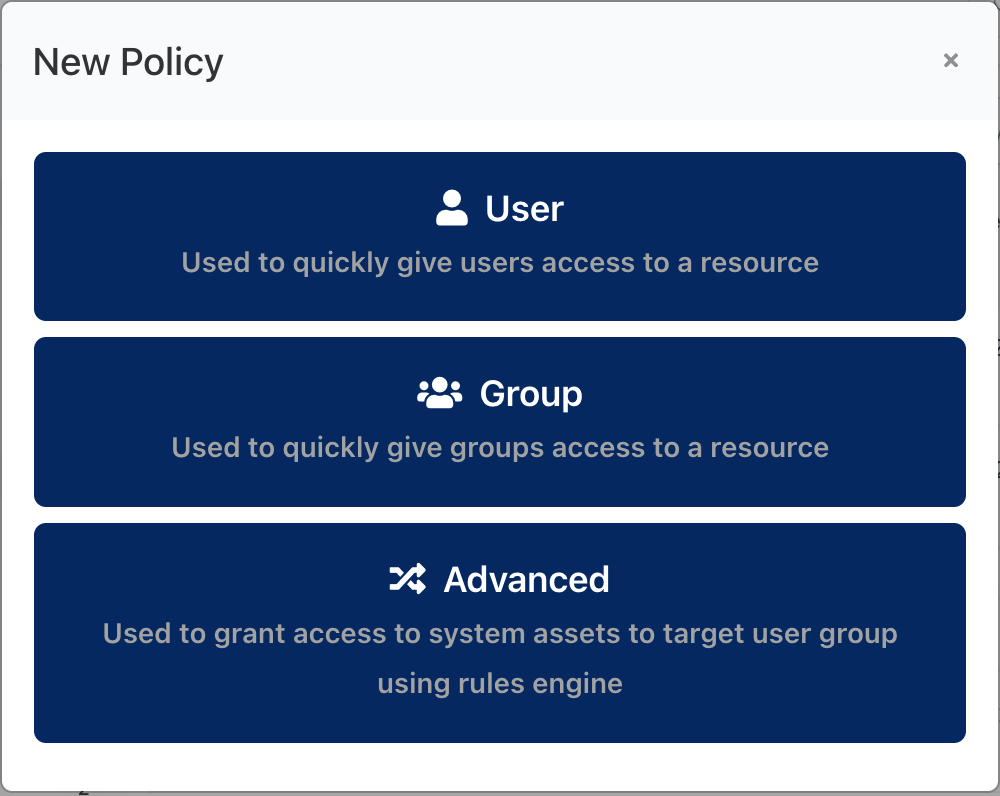 New Policy dialog with User, Group and Advanced