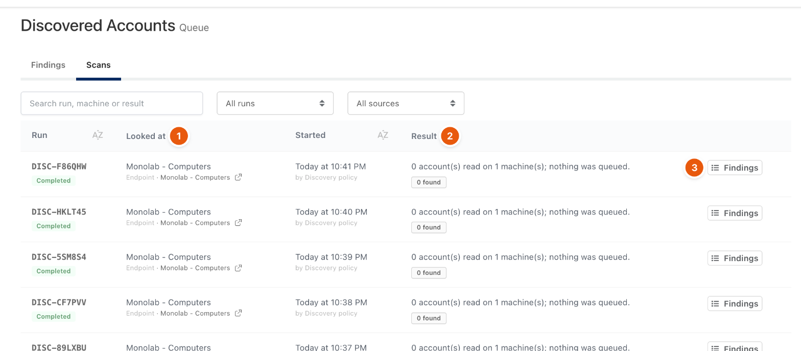 Scans tab with run references and results