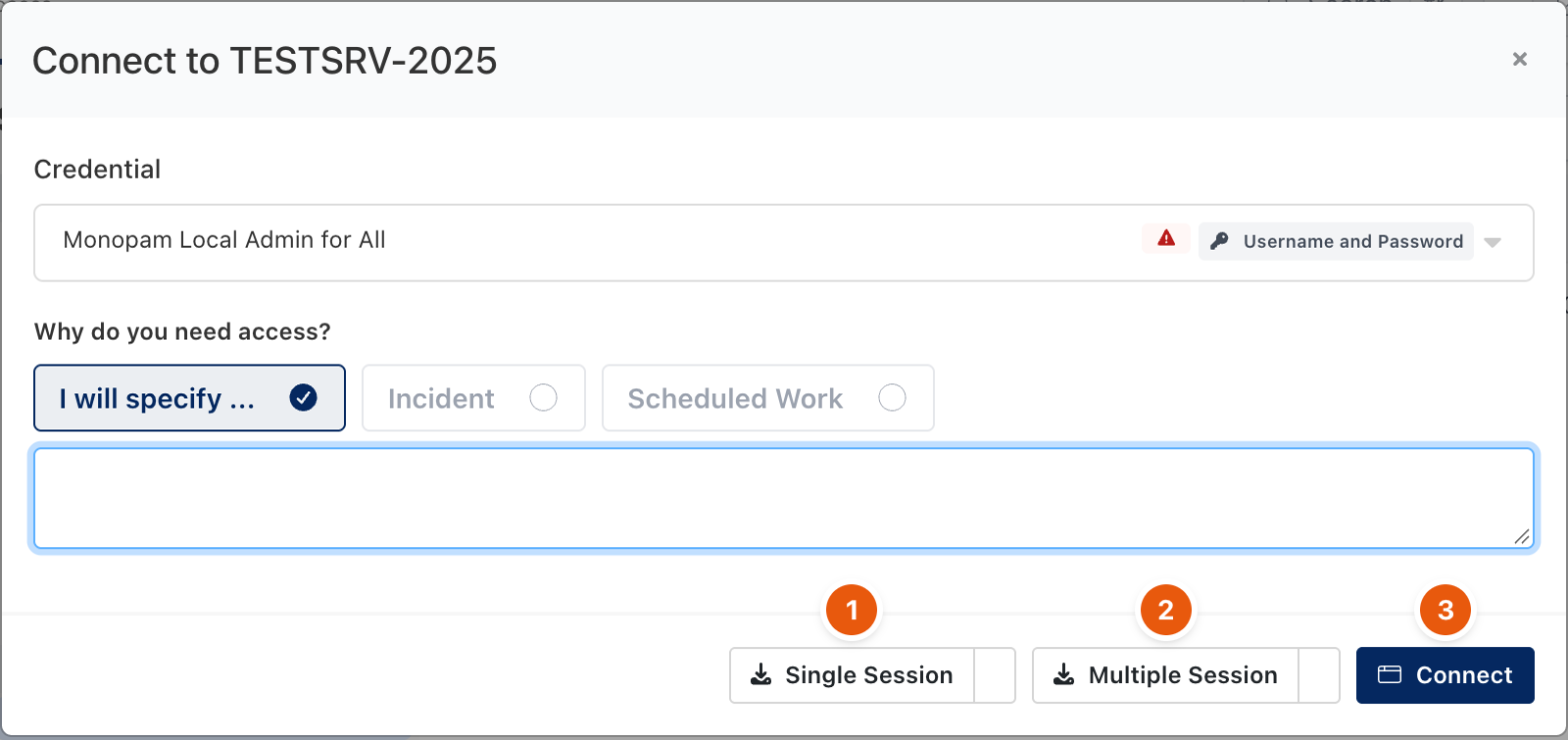 Connect dialog of an RDP resource with Single Session and Multiple Session