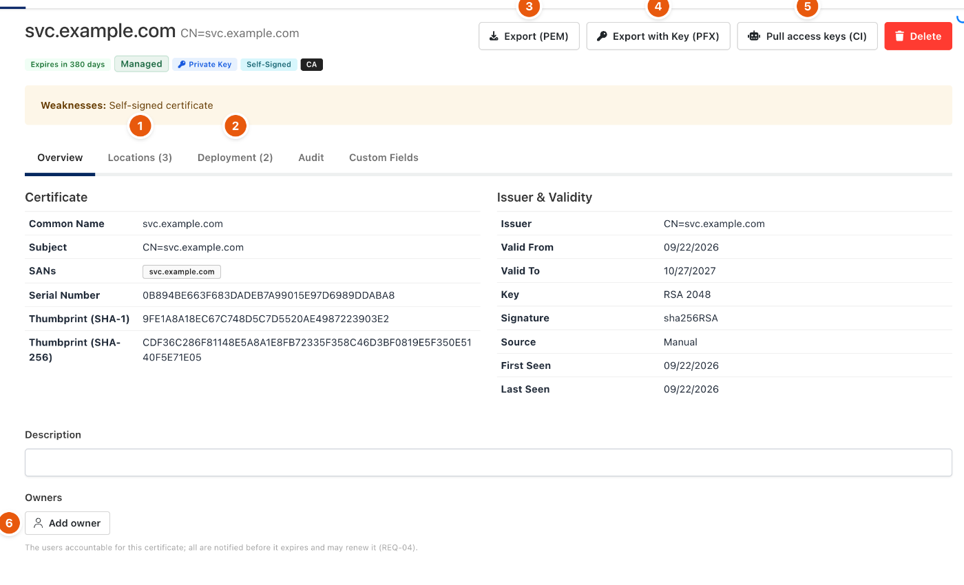 Certificate detail page with tabs and export buttons