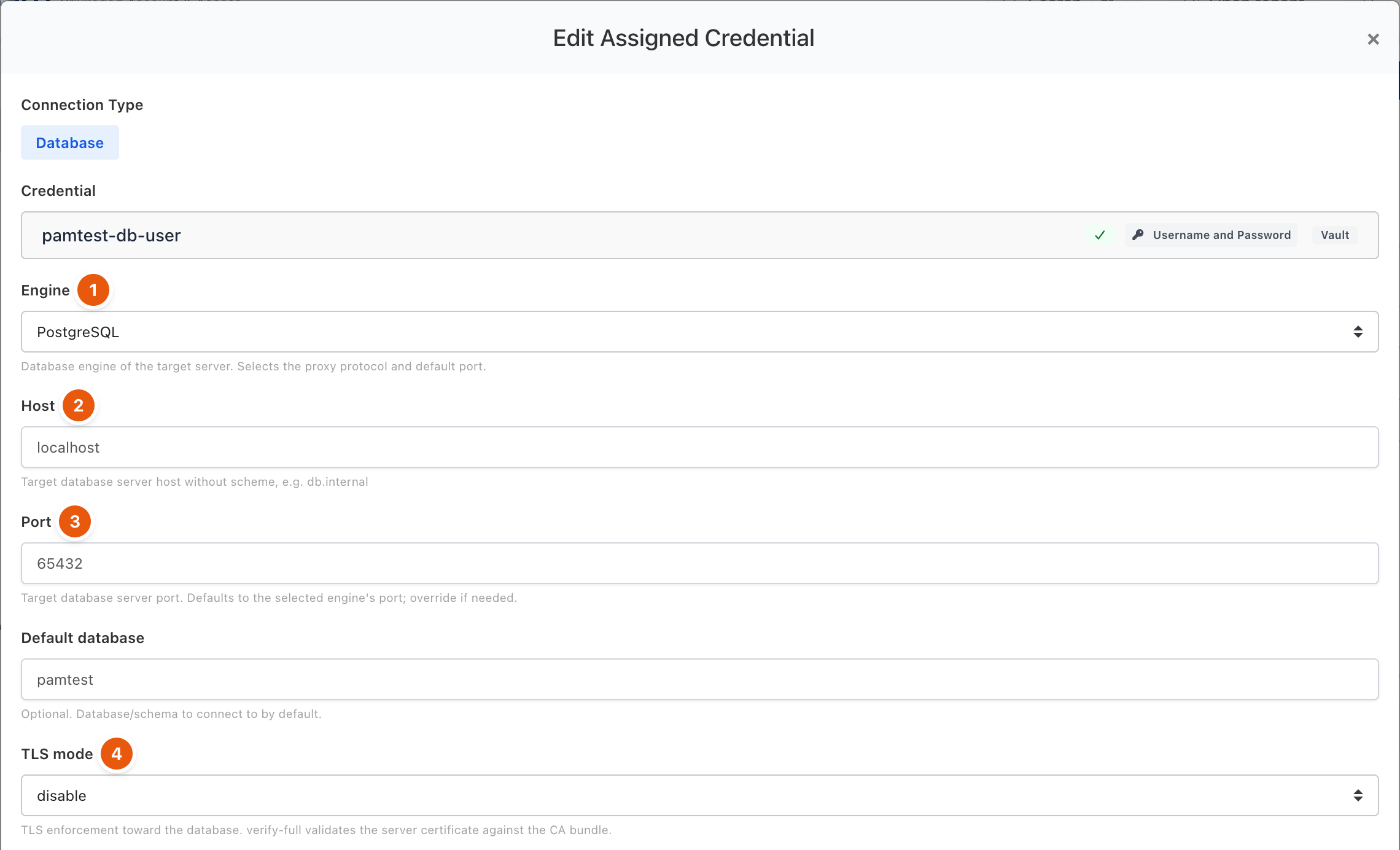 Database credential settings with engine, host, port and TLS mode