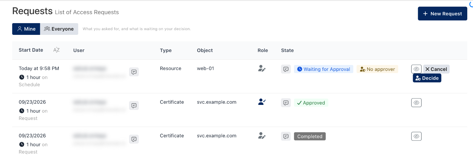 Requests list with a privileged command request waiting for approval