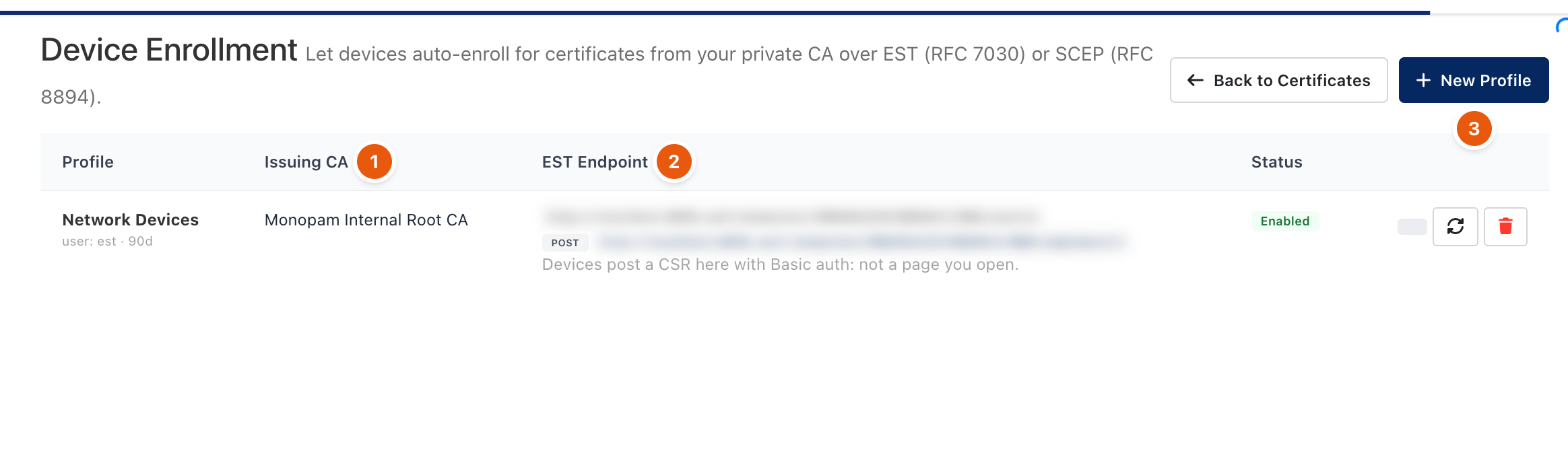 Device Enrollment profiles with issuing CA and EST endpoint
