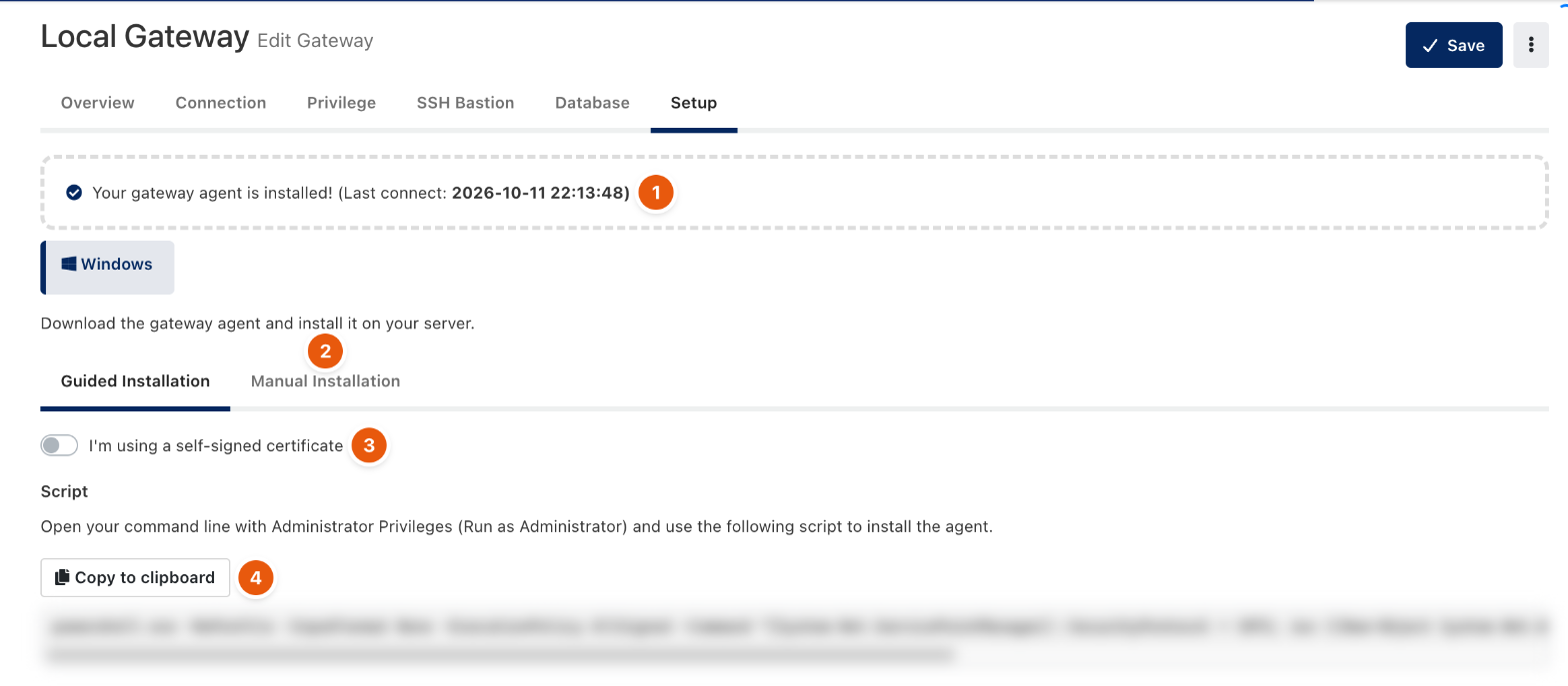 Gateway Setup tab with the guided installation script