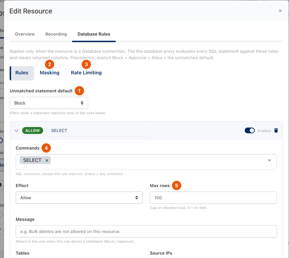 Database Rules tab with the unmatched default and one Allow rule