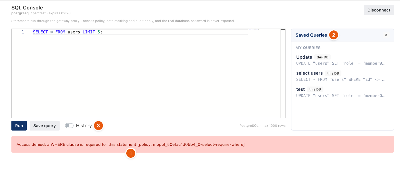 SQL console showing a statement blocked by a rule