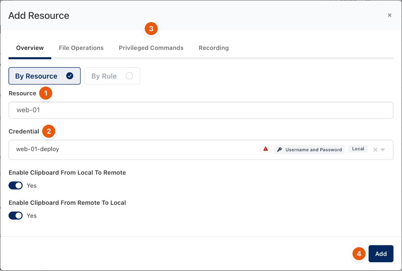 Add Resource dialog with resource, credential and session rule tabs