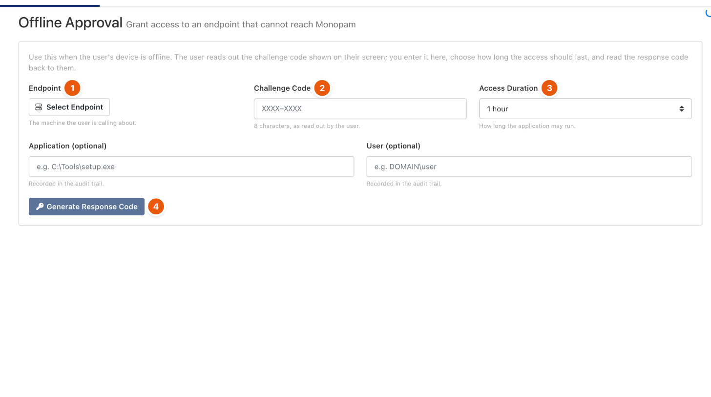 Offline Approval form with endpoint, challenge code and duration